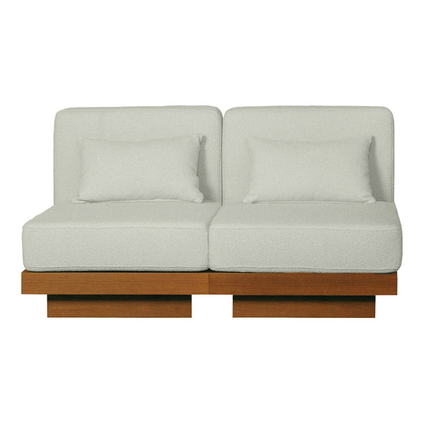 Light gray upholstery with smooth texture, complemented by a modern wooden base, creating a minimalist design.
