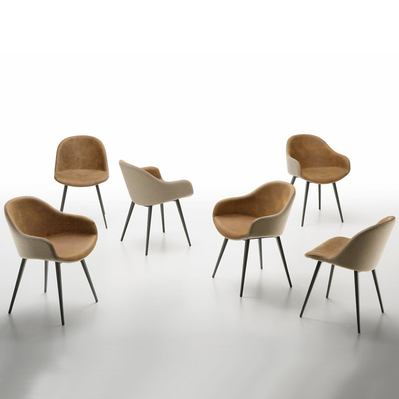 Set of six modern chairs featuring beige and tan colors with a textured pattern, set against a white background.