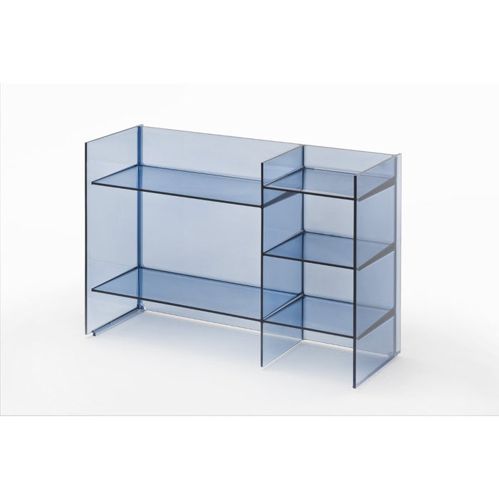 Transparent blue shelving unit with a modern design featuring geometric patterns and clean lines.