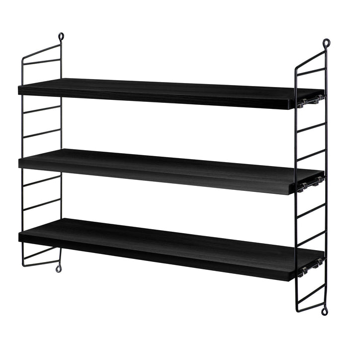 Black metal wall shelf with three evenly spaced slatted shelves. Minimalist design with sleek lines.