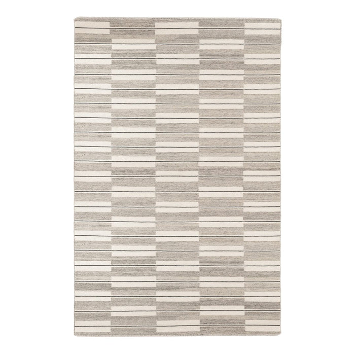 Light gray and cream striped area rug featuring a modern geometric pattern. Ideal for contemporary home decor.