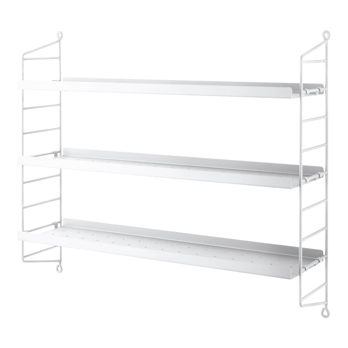 White metal shelving unit with three sleek, flat shelves and a minimalist design, perfect for modern decor.