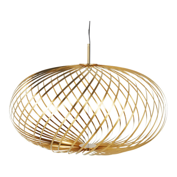Gold pendant light featuring a sleek, spiral woven design with open spaces, adding modern elegance to any space.