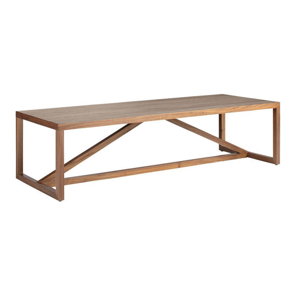 Wooden coffee table with a natural brown finish and minimalist design, featuring clean lines and a simple, elegant pattern.