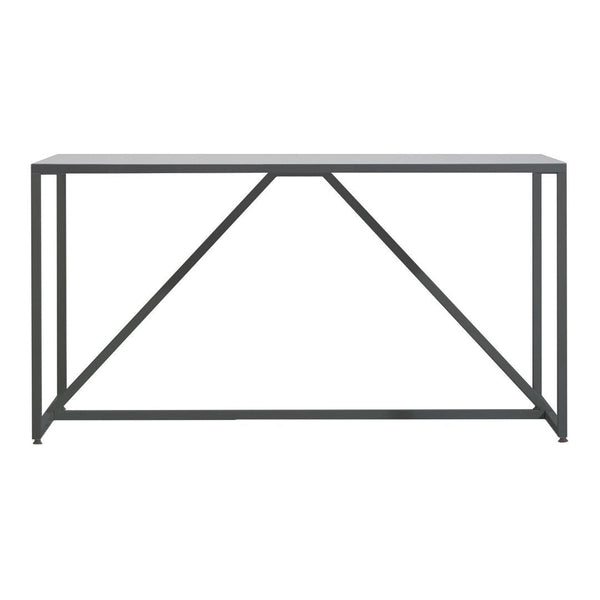 Sleek black metal console table with a minimalist geometric design and solid gray top, perfect for modern decor.