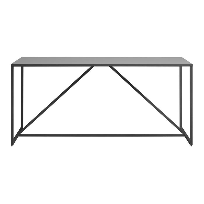 Gray tabletop with a sleek black metal frame featuring geometric patterns and clean lines. Ideal for modern decor.