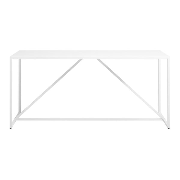 White industrial-style table with a sleek, minimalist design and crossbar pattern. Ideal for modern spaces.