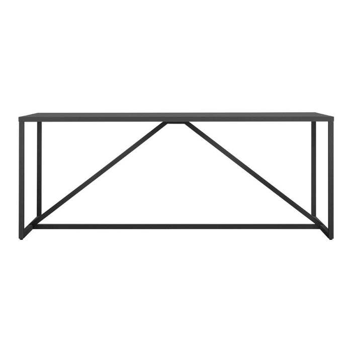 Sleek black metal console table with geometric pattern and minimalist design, perfect for modern decor.