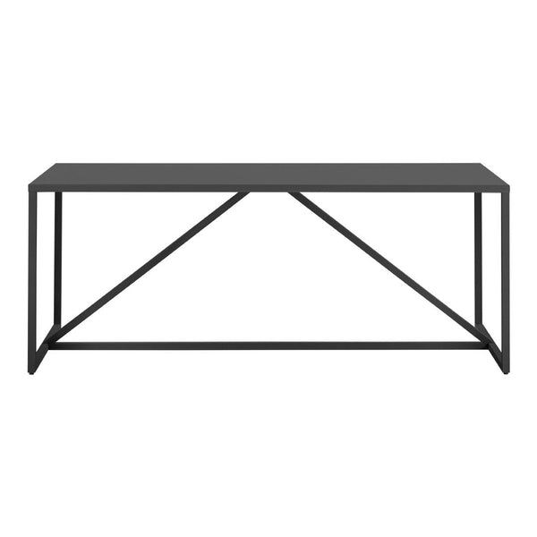 Sleek black rectangular table with a minimalist design and geometric metal base. Ideal for modern interiors.