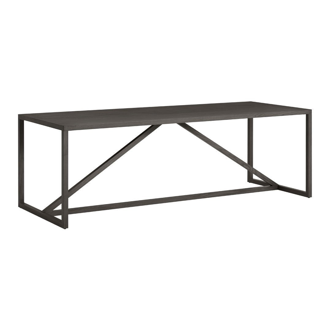 Sleek black rectangular table with a minimalist design and geometric metal frame. Ideal for modern decor.
