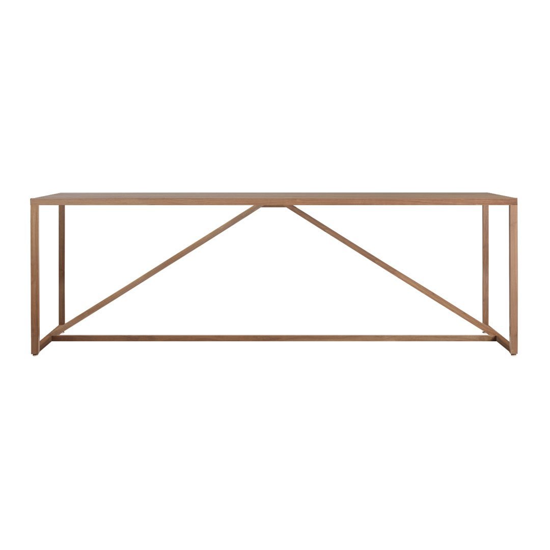 "Modern rectangular table with a warm wood finish and geometric open frame design."