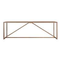 "Modern rectangular table with a warm wood finish and geometric open frame design."