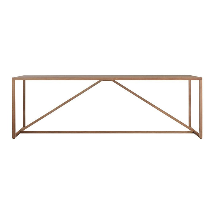 "Modern rectangular table with a warm wood finish and geometric open frame design."