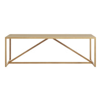 Natural wood console table with a light beige finish and simple, clean lines. Features a geometric pattern in the frame.