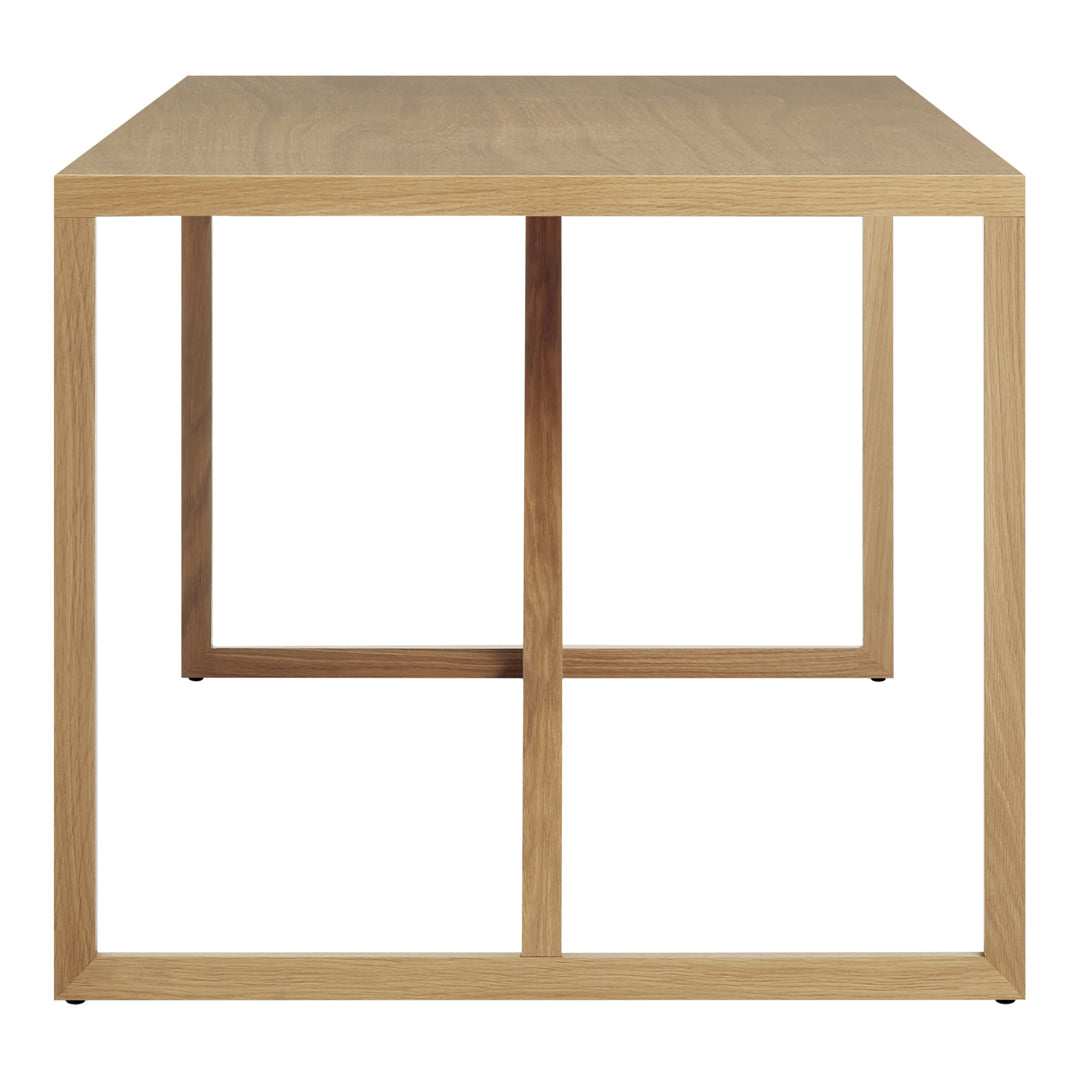 Natural wood finish square table with clean lines and a simple geometric design. Features a light oak color.