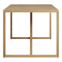 Natural wood finish square table with clean lines and a simple geometric design. Features a light oak color.