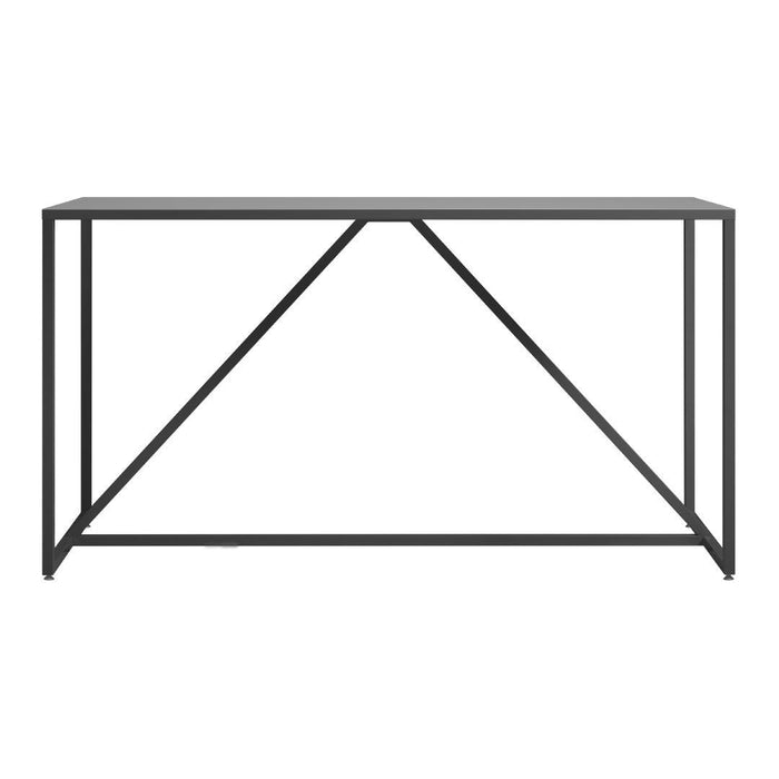 Sleek black metal console table with geometric lines and a minimalist design, perfect for modern interiors.