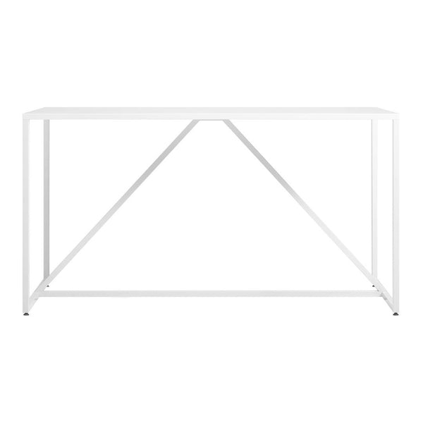 White metal table with a minimalist design and geometric patterns, featuring clean lines and a modern aesthetic.