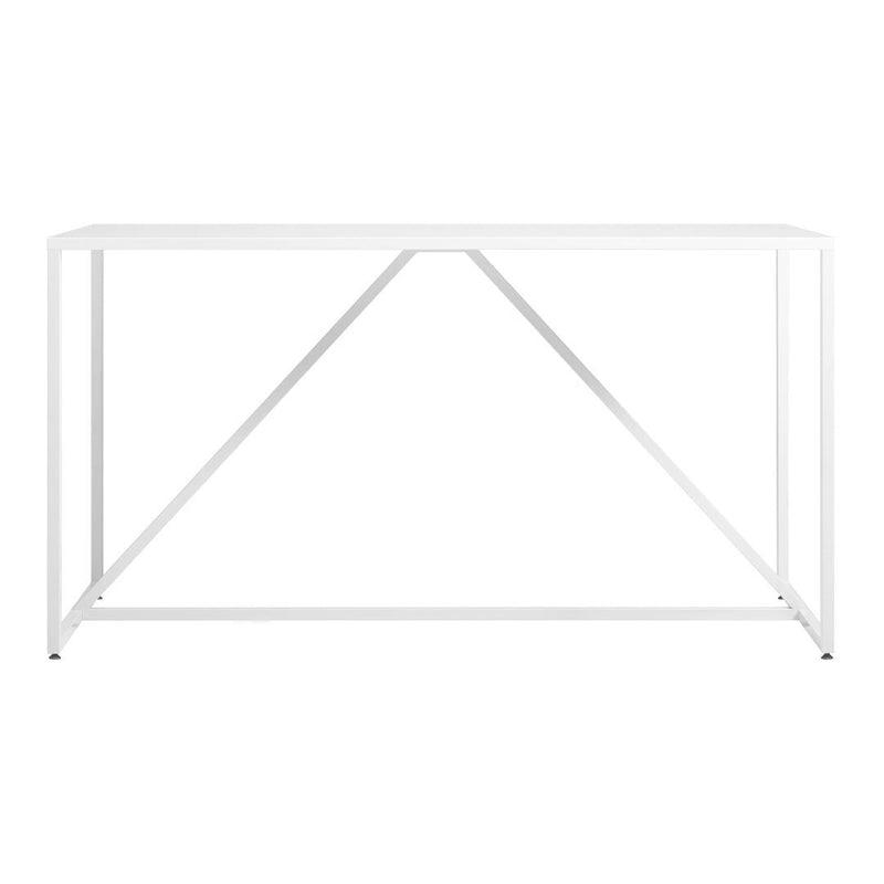 White metal table with a minimalist design and geometric patterns, featuring clean lines and a modern aesthetic.