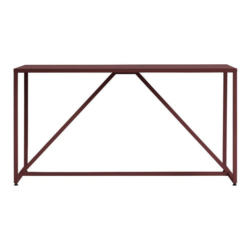 Rustic red console table with clean lines and geometric patterns, perfect for modern decor.