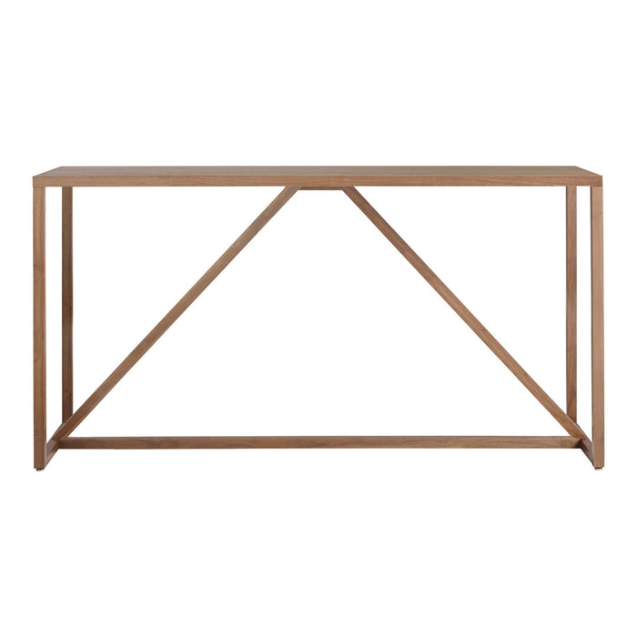 Natural wood console table with a sleek, minimalist design and geometric pattern in warm, earthy tones.