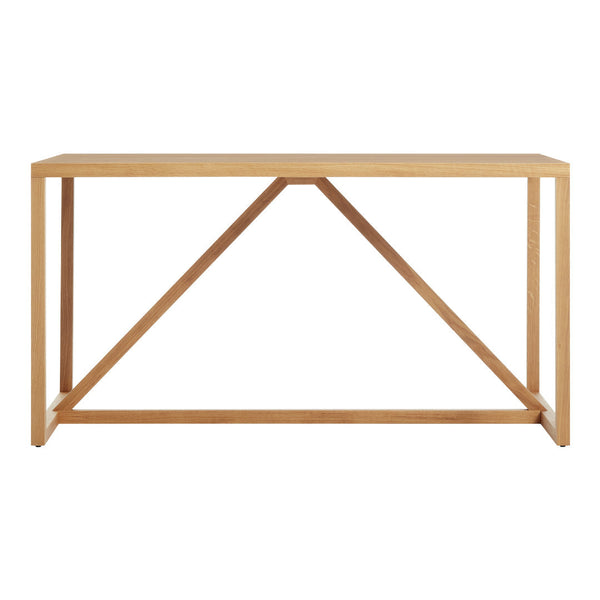 Light wooden console table with a natural finish and minimalist design, featuring a geometric base in a warm hue.