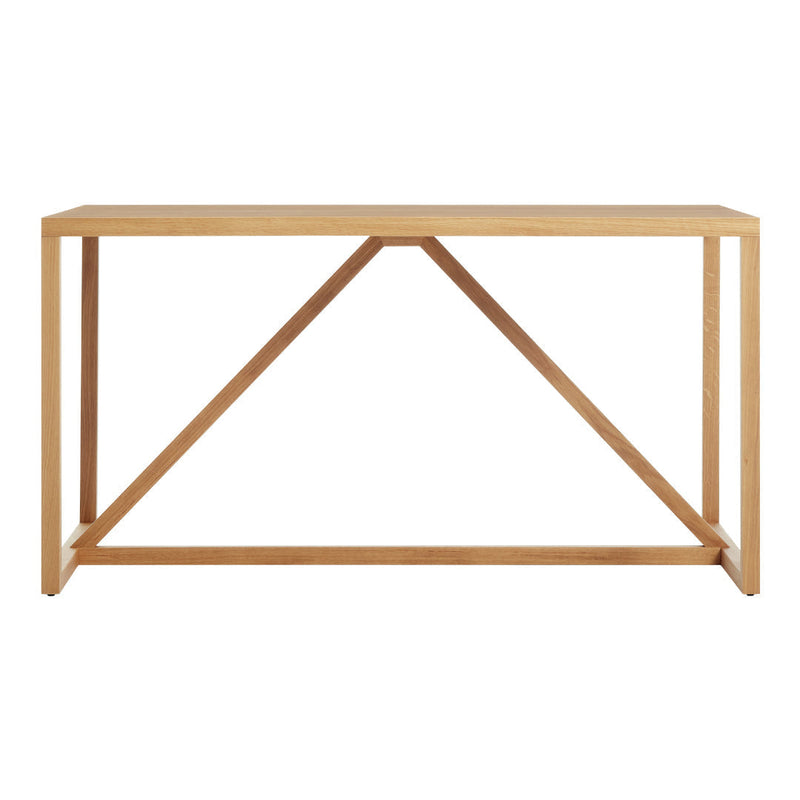 Light wooden console table with a natural finish and minimalist design, featuring a geometric base in a warm hue.