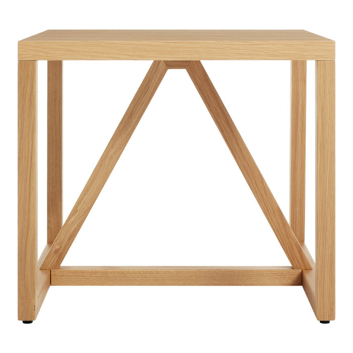 Light oak wood end table with a minimalist design featuring geometric triangular legs.