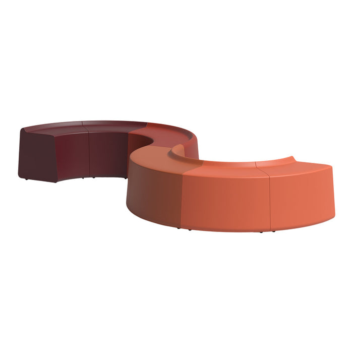 Curved modular seating in deep burgundy and warm orange hues with a sleek, modern design. Perfect for contemporary spaces.
