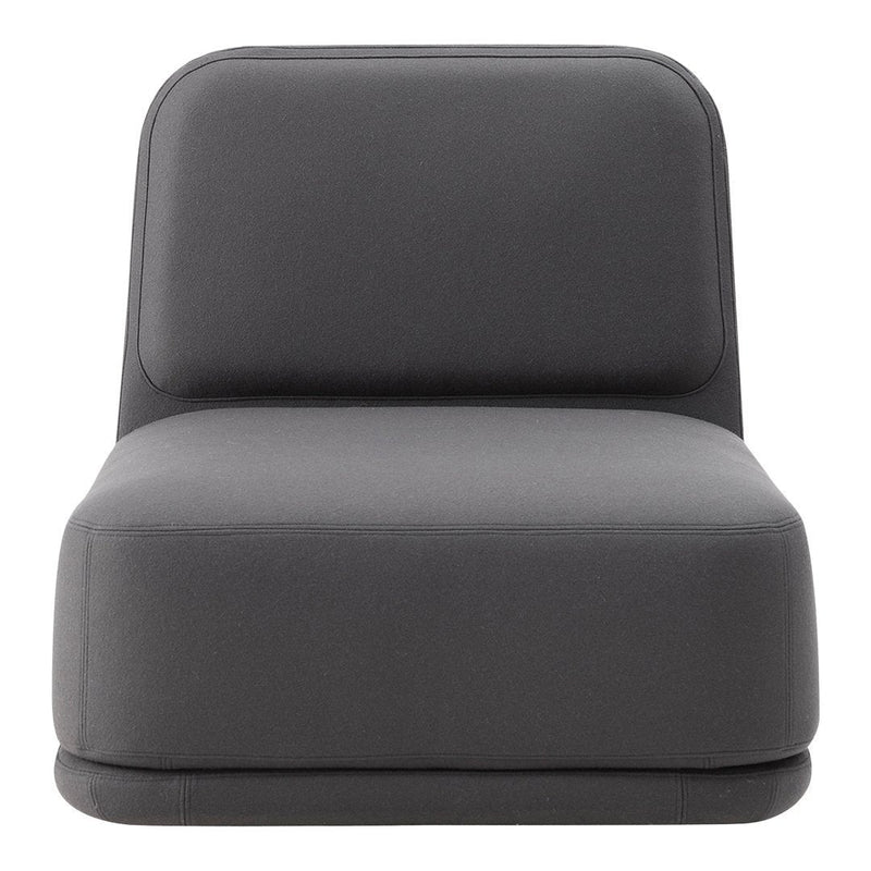 Gray upholstered chair with a sleek, minimalist design and smooth, modern lines. Perfect for contemporary decor.