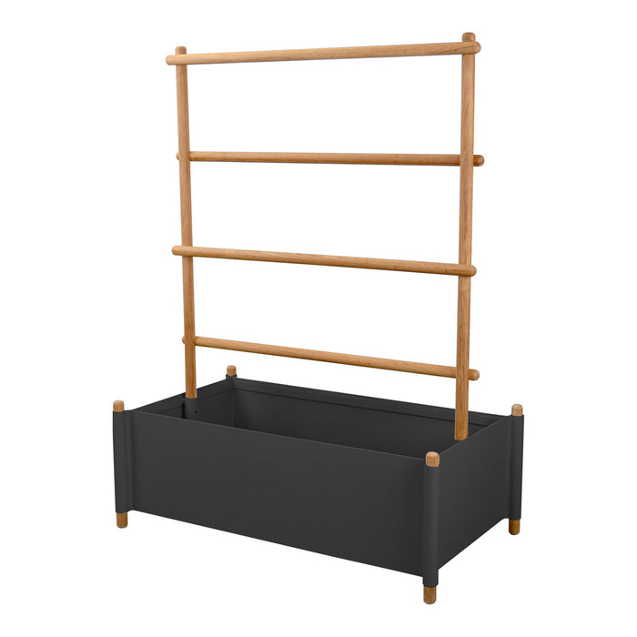 Black planter box with wooden ladder trellis in natural finish, featuring clean lines and modern design.