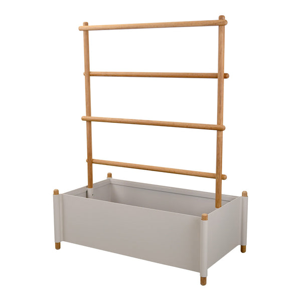 Gray planter box with natural wooden slats and accents, featuring a minimalist design ideal for modern decor.
