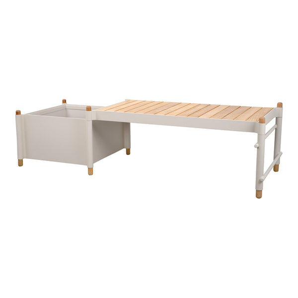 Modern white wooden table with natural wood slatted top and light wood accents. Stylish and functional design.
