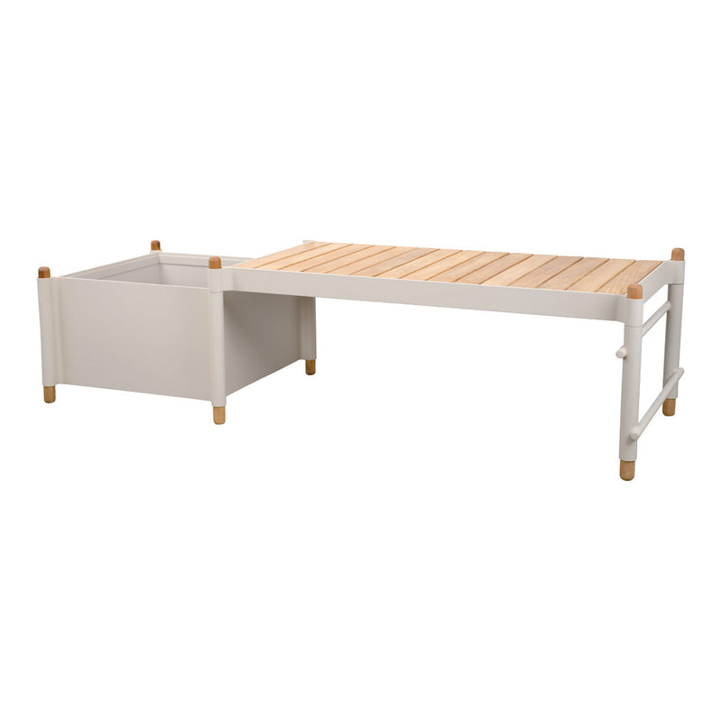 Modern white wooden table with natural wood slatted top and light wood accents. Stylish and functional design.
