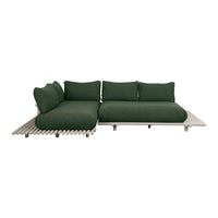 Green fabric sectional sofa with plush cushions and sleek metal frame, perfect for modern outdoor spaces.