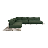 "Modern sectional sofa in deep green fabric with a sleek beige frame and minimalist design."