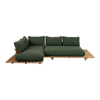 Green outdoor sectional sofa with plush cushions and a wooden slatted base for a modern, natural look.