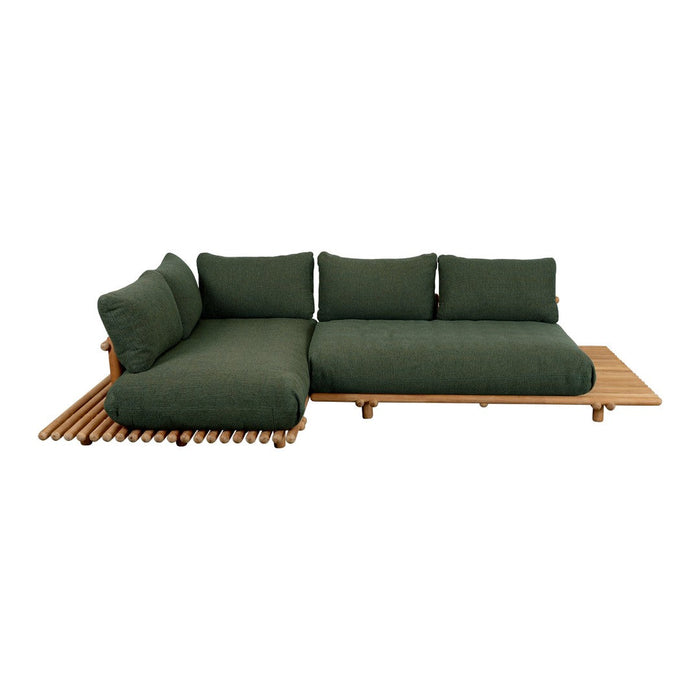 Green outdoor sectional sofa with plush cushions and a wooden slatted base for a modern, natural look.