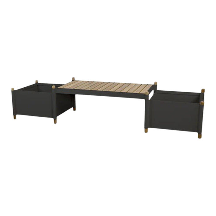 Black and natural wood coffee table with simple design and rectangular shape, featuring two side planters.