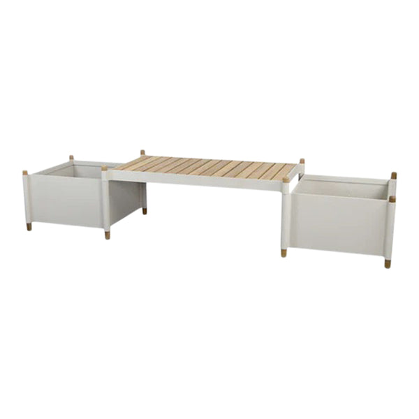 White wooden planter table with natural wood slats and accents. Features two side planters for versatile gardening.