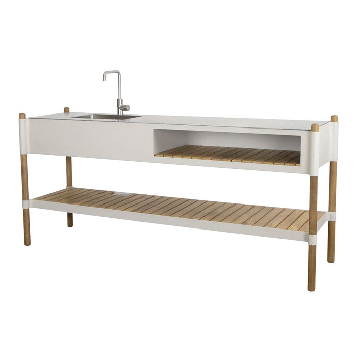 White wooden kitchen island with a natural wood slatted shelf and legs, featuring a modern minimalist design.