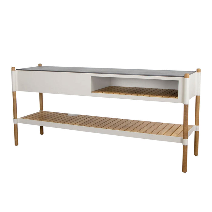 White and bamboo console table with a sleek design and slatted lower shelf. Modern and minimalist style.