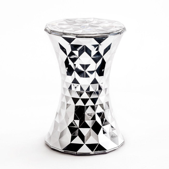 Silver geometric-patterned accent table with a faceted design, perfect for modern decor.