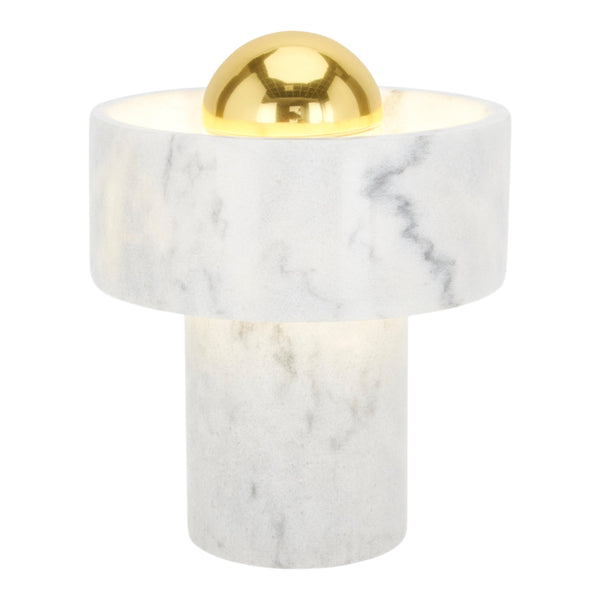 Modern marble lamp featuring a sleek white finish with striking gold accents and smooth, clean lines.