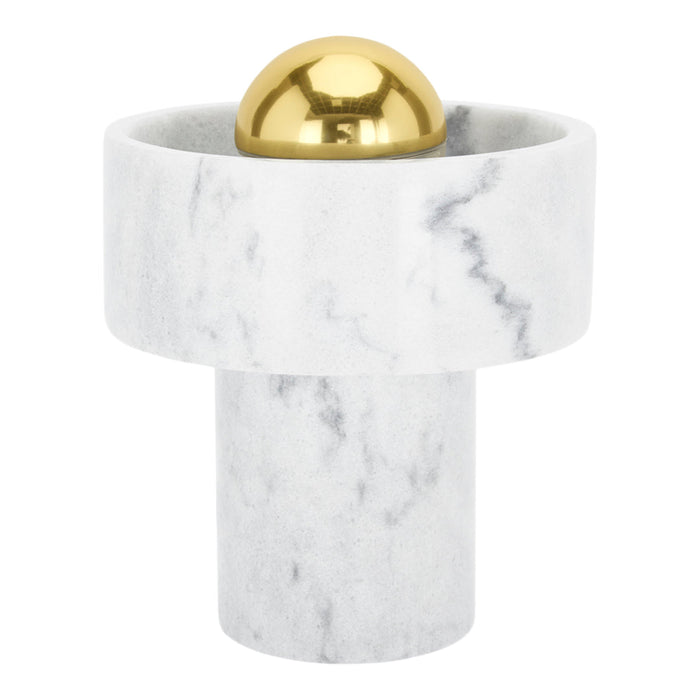Elegant white marble with subtle gray veining and a shiny gold sphere accent. Ideal for modern decor.