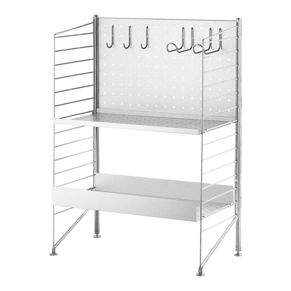 Silver metal shelving unit with hooks, featuring a sleek, modern design and a minimalist pattern.