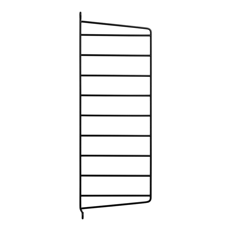 Black metal wall rack with a minimalist design and horizontal slats for versatile storage.