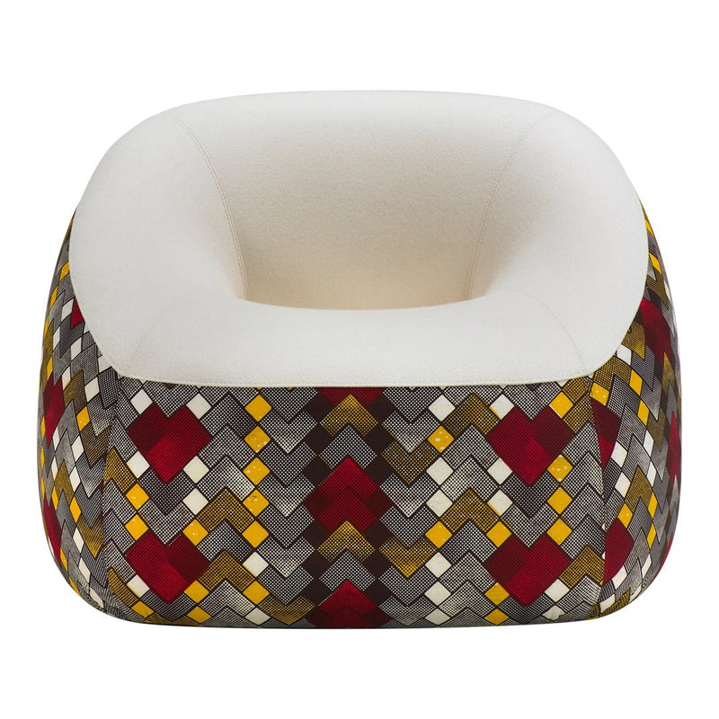 Colorful patterned bean bag with red, yellow, gray, and white woven design, featuring a white inner cushion.