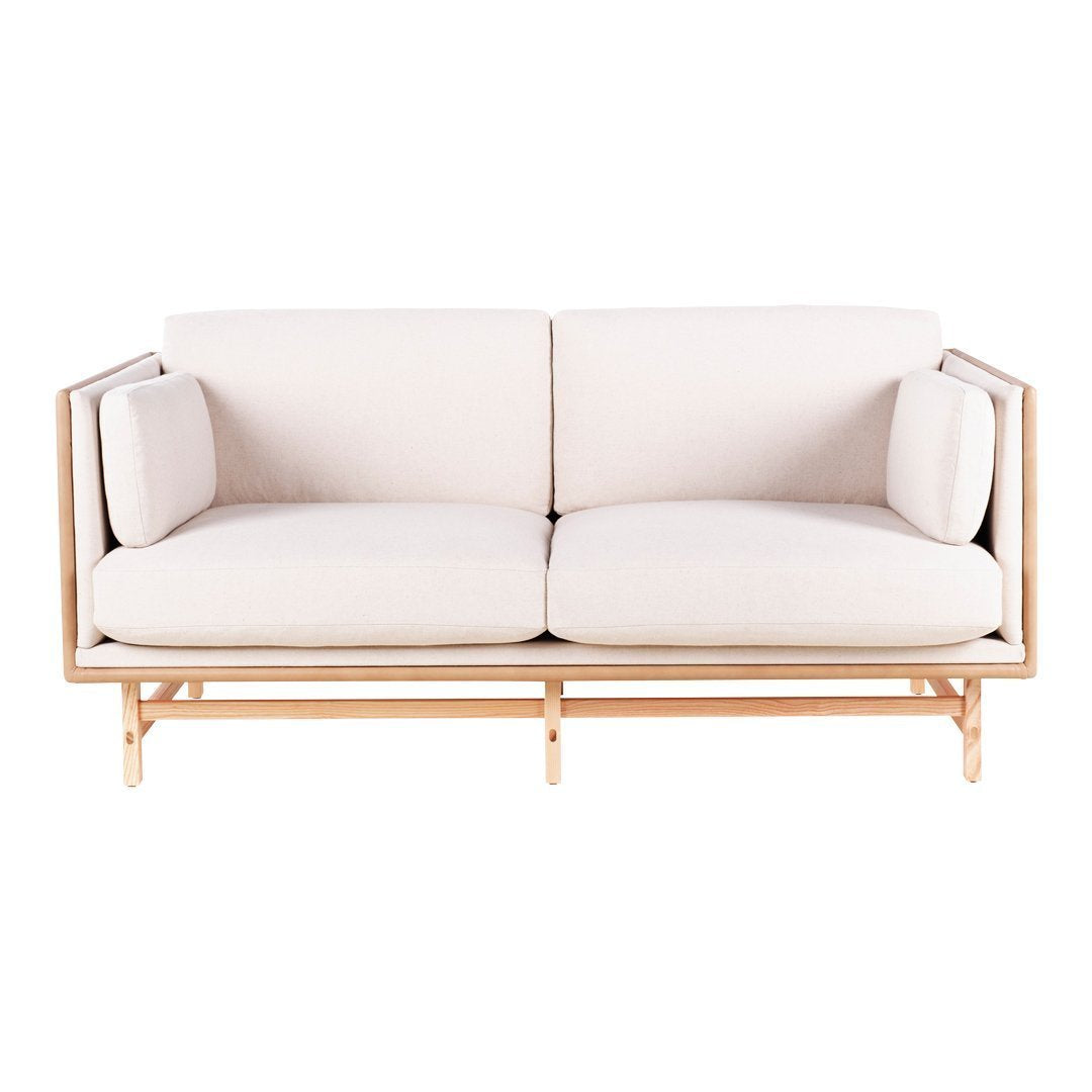 Beige upholstered sofa with a minimalist wooden frame and soft, plush cushions for a modern look.