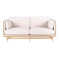 Beige upholstered sofa with a minimalist wooden frame and soft, plush cushions for a modern look.
